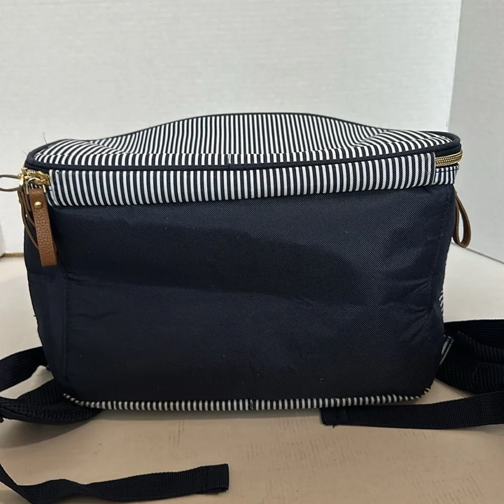 Bananafish breast pump/diaper backpack navy and white pin stripes